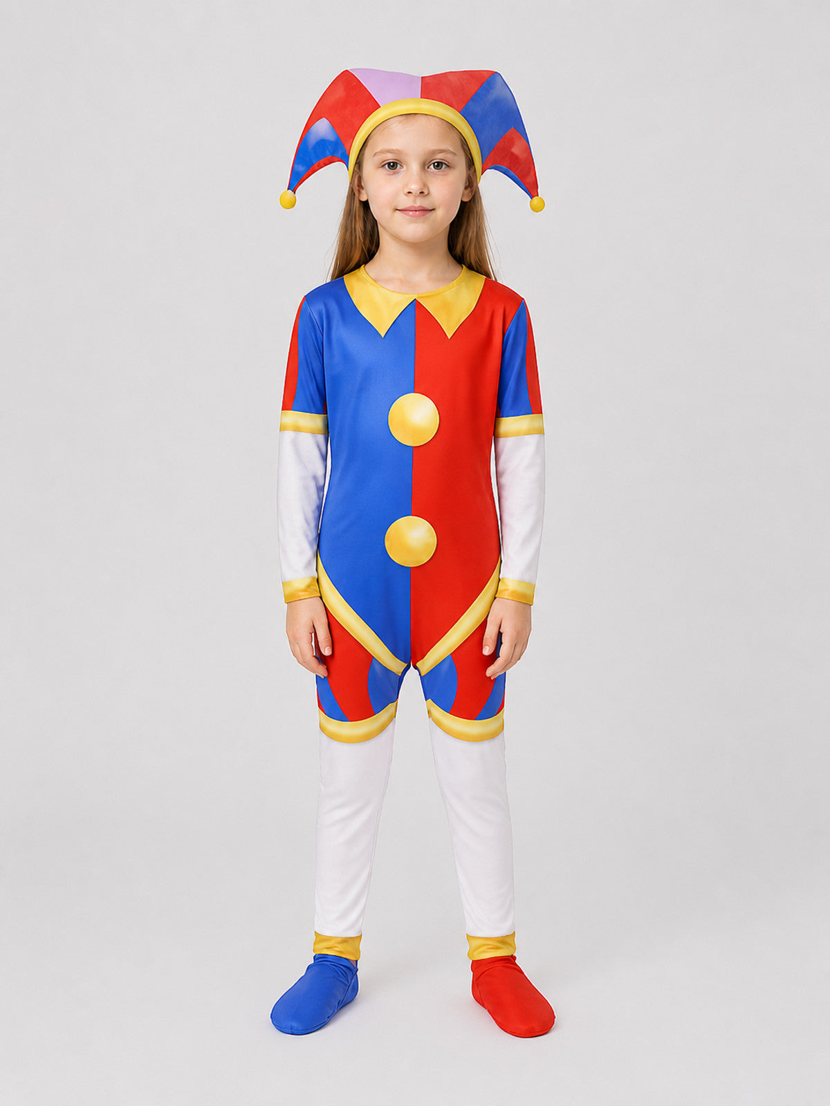 Pomni Cosplay Costume: Clown Jumpsuit with Hat on-model view