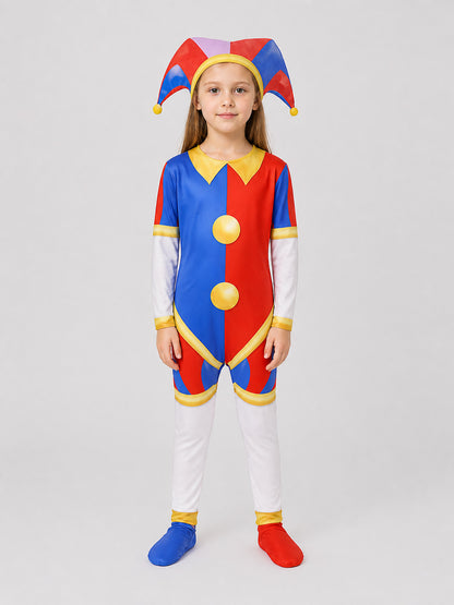 Pomni Cosplay Costume: Clown Jumpsuit with Hat on-model view