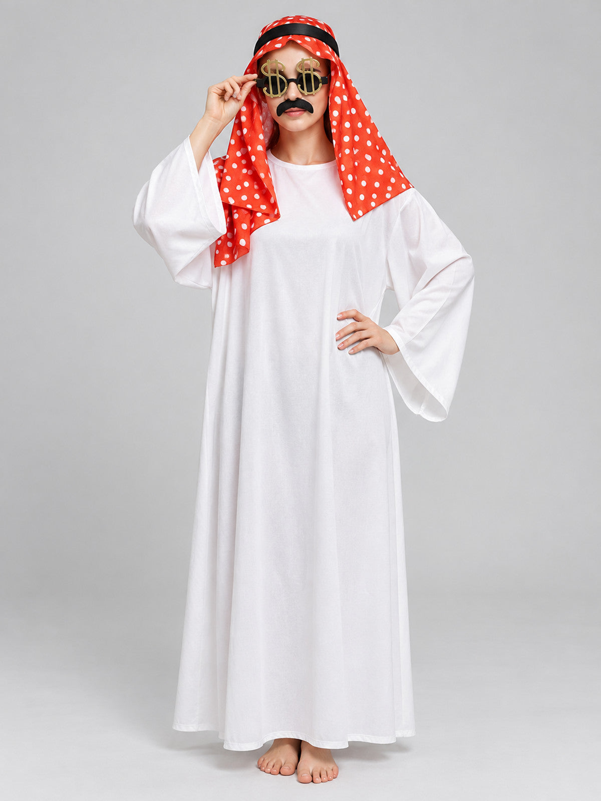 Carnival costume with a headscarf, mustache, and glasses