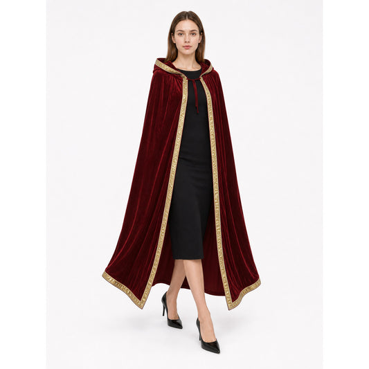 Burgundy Costume Cloak with Hood and Gold Trim