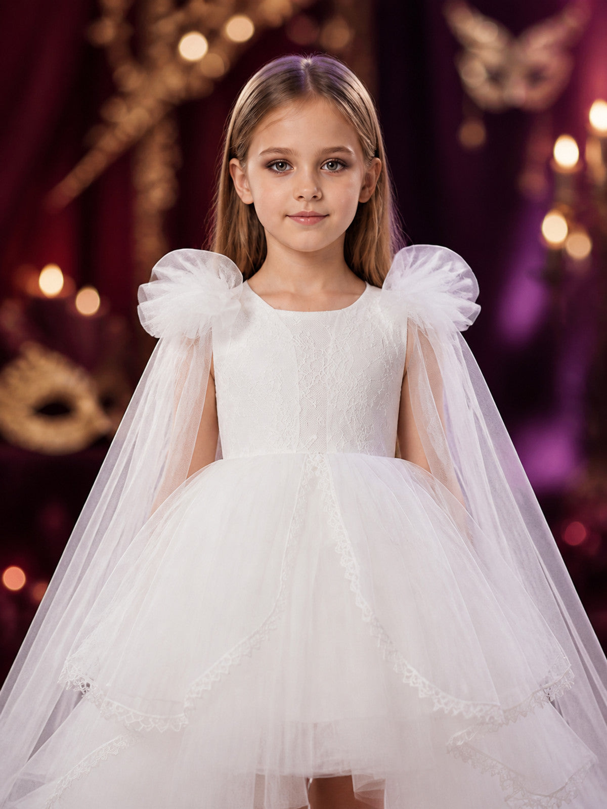 Toddler Girls' White Princess Dress with Lace Trim, Long Sleeves and Tiered on-model view