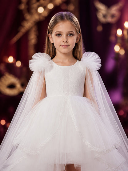 Toddler Girls' White Princess Dress with Lace Trim, Long Sleeves and Tiered on-model view