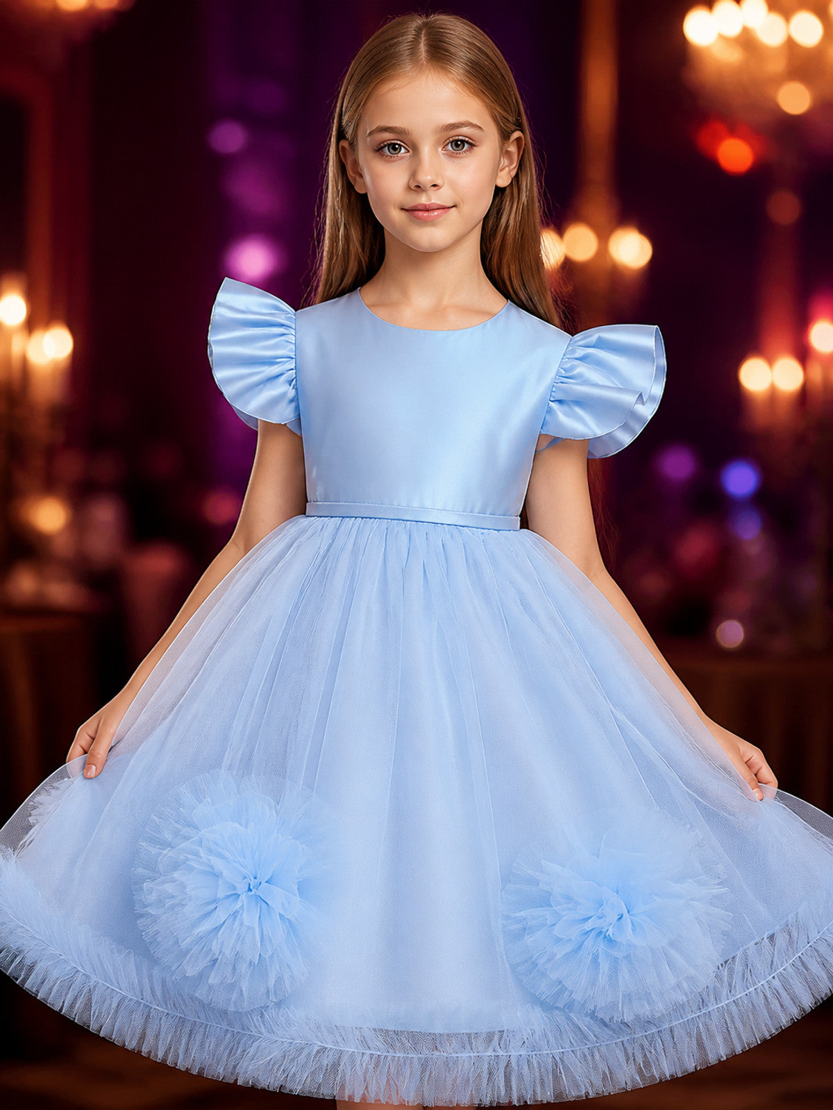 Girls' Sky Blue Princess Dress, Floral Tulle Flutter Sleeve Tutu Gown on-model view