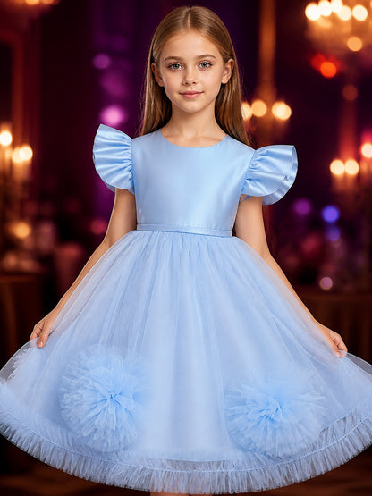 Girls' Sky Blue Princess Dress, Floral Tulle Flutter Sleeve Tutu Gown on-model view