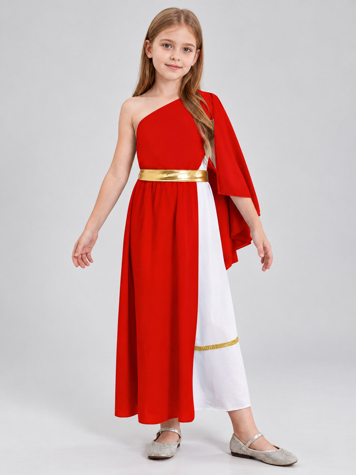 Asymmetrical dress with white inset and gold belt
