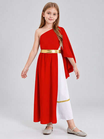 Asymmetrical dress with white inset and gold belt