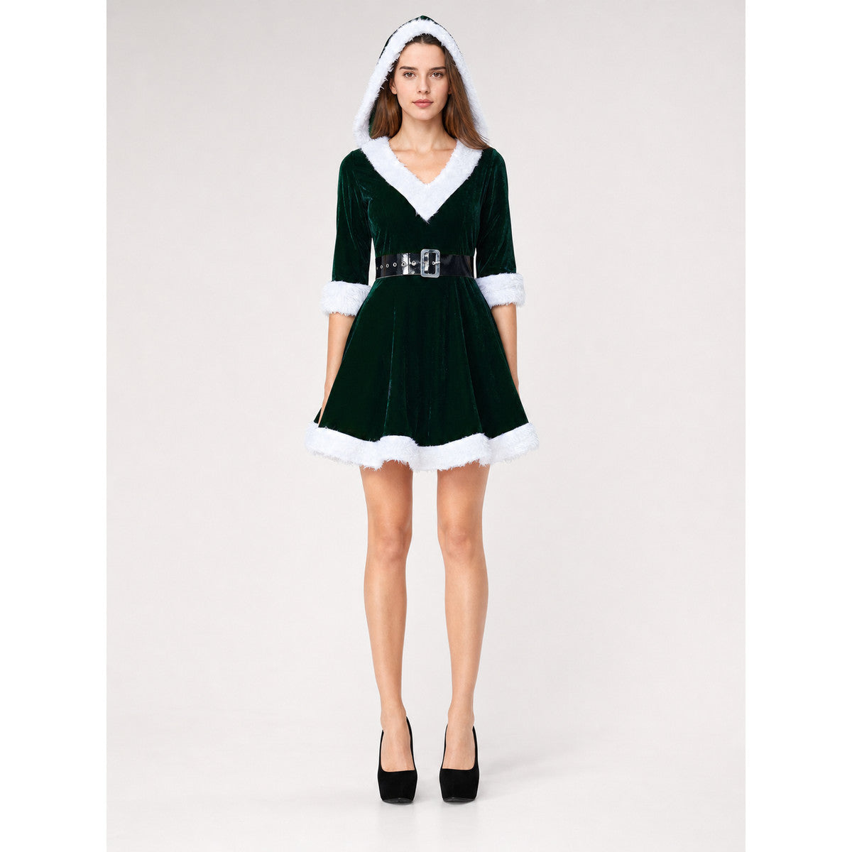 Festive dress with hood and belt on-model view
