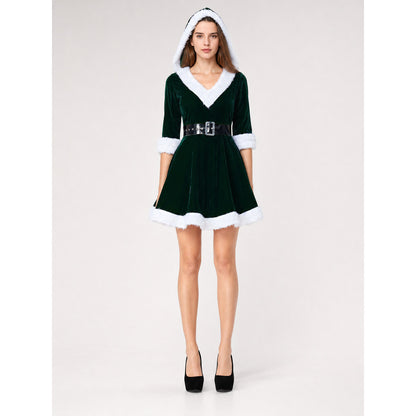 Festive dress with hood and belt on-model view