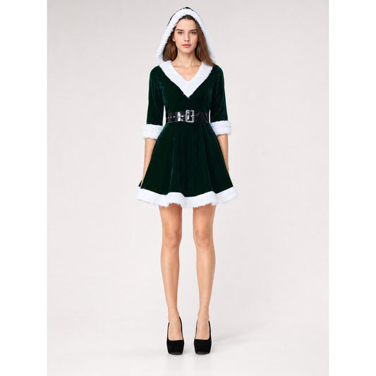 Festive dress with hood and belt on-model view