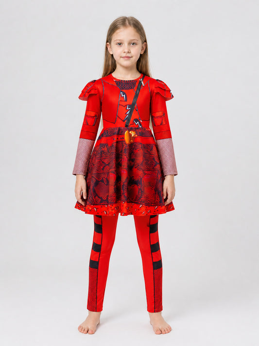 Children's cosplay set: red dress and leggings on-model view