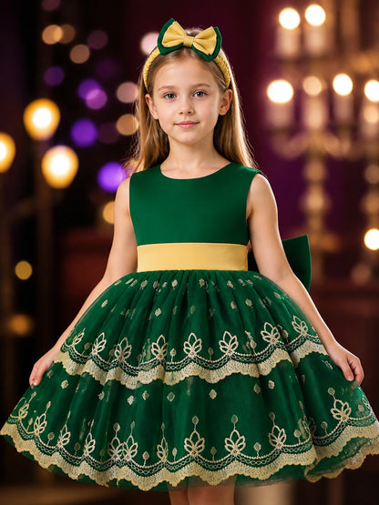 Girls' Dark Green Embroidered Princess Dress With Bow, Layered Tulle Skirt on-model view