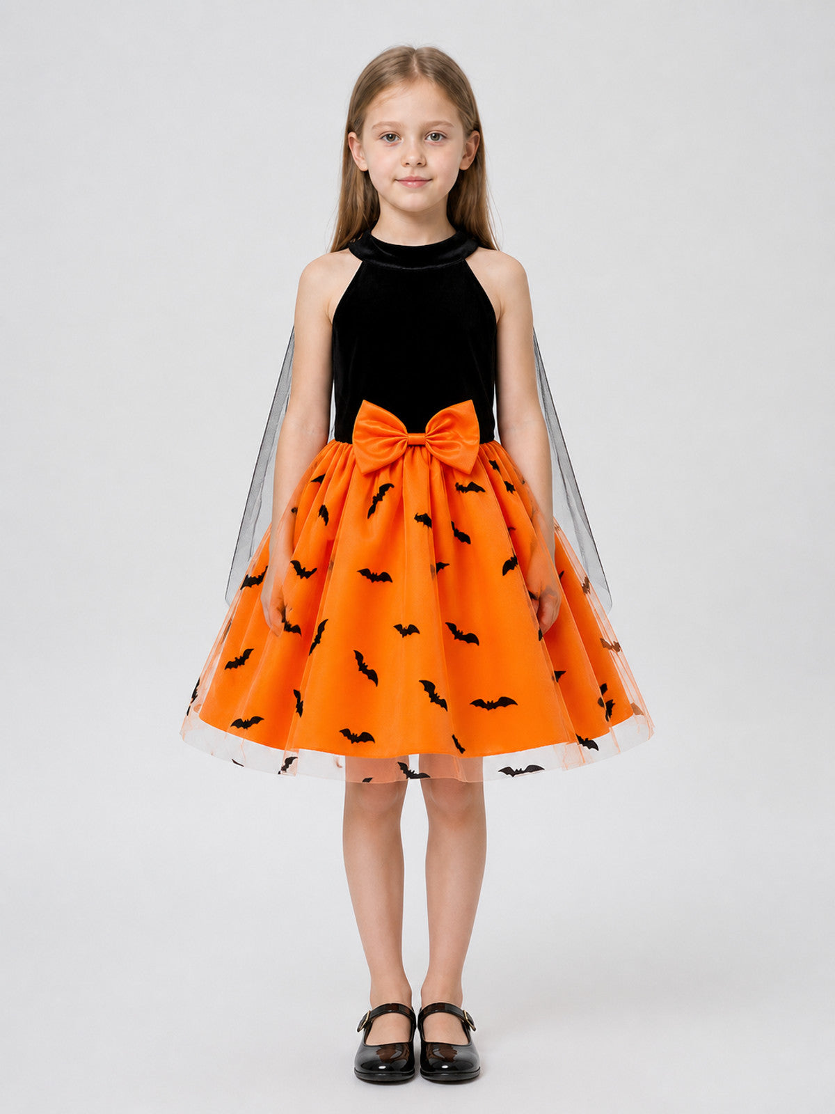 Puffy Kids' Halloween Dress with Bat Print on-model view
