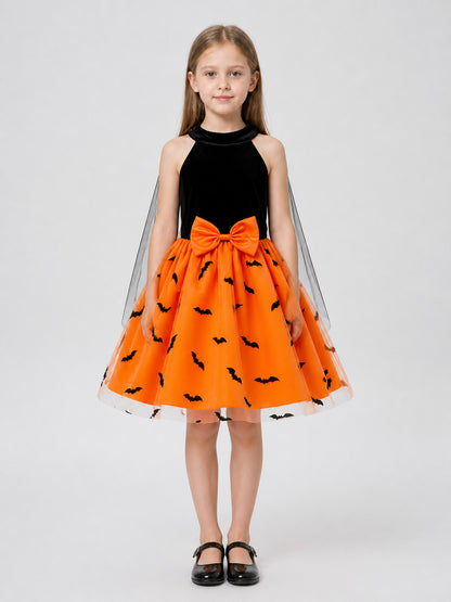 Puffy Kids' Halloween Dress with Bat Print on-model view