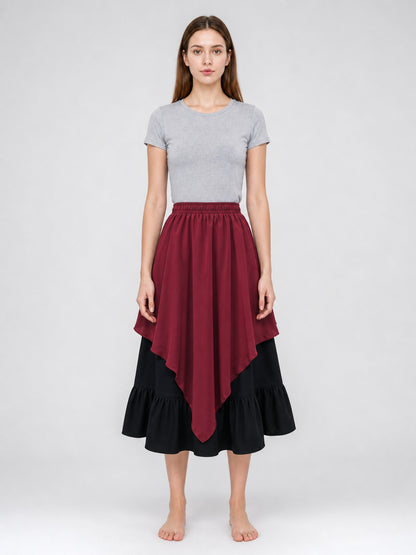 Burgundy and Black Tiered Skirt with an Asymmetrical Hem front view