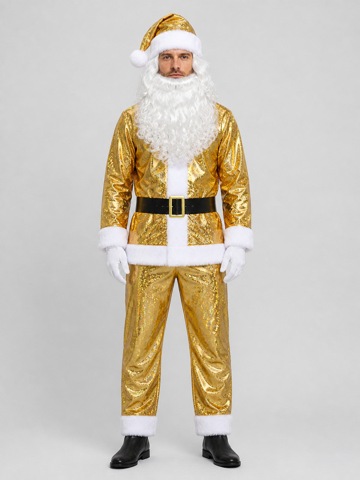 Gold Santa Claus Costume with Beard, Festive Set on-model view