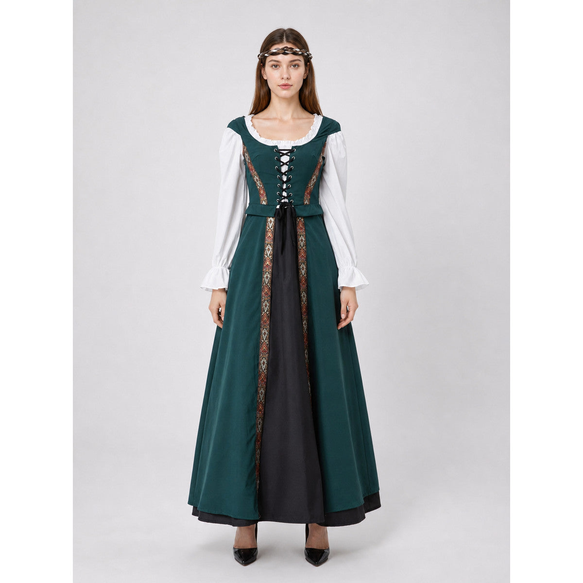 The retro dress is designed in a courtly style and comes with a woven headpiece. The dress is presented in deep green with long white sleeves, white trim along the edge of the collar and cuffs, and crisscross lacing at the front that emphas