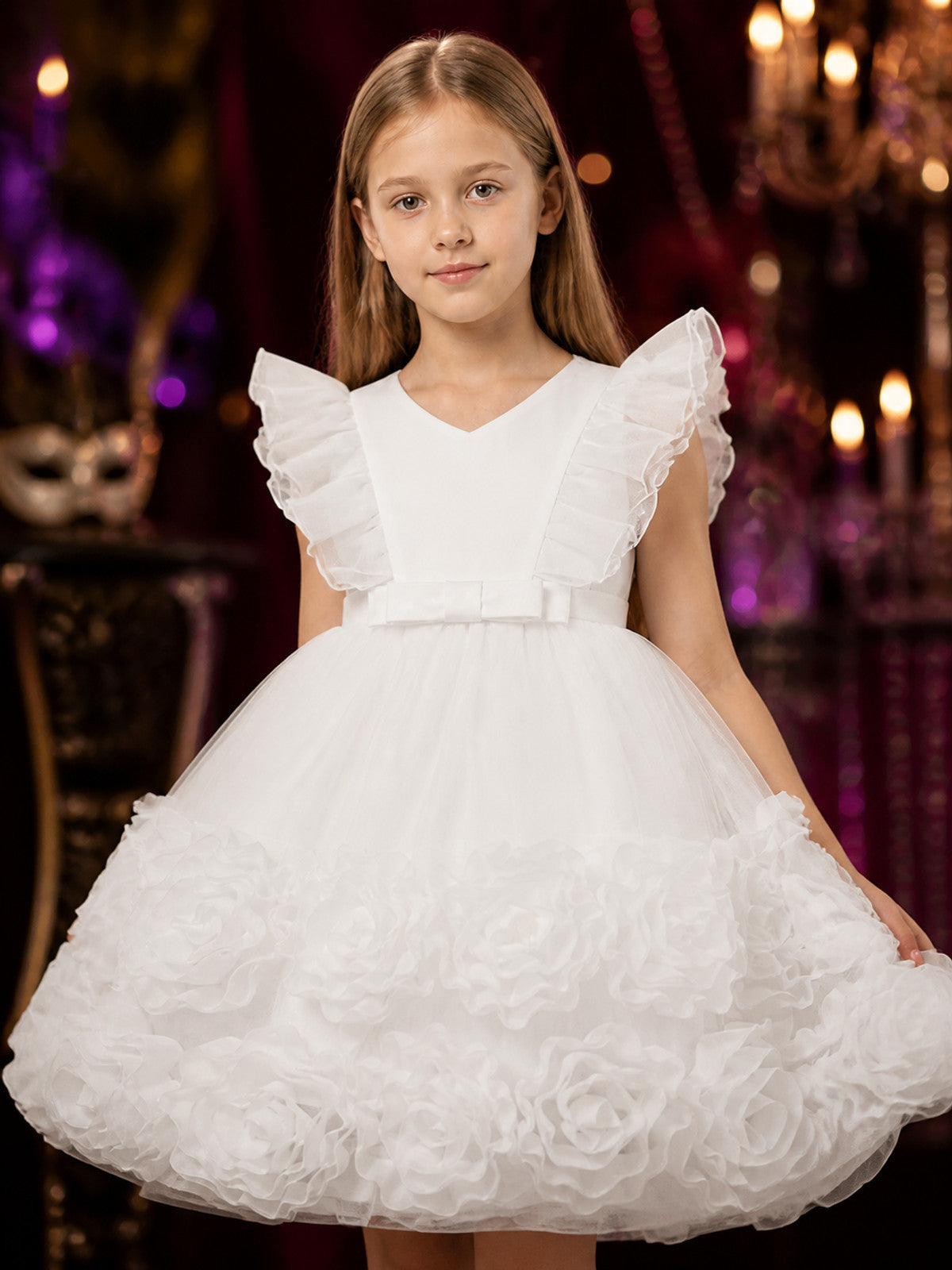 Girls' White Princess Dress, Layered Tulle Party Outfit with Rose Flowers and on-model view