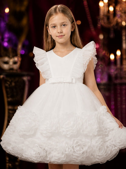 Girls' White Princess Dress, Layered Tulle Party Outfit with Rose Flowers and on-model view