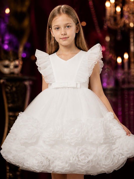 Girls' White Princess Dress, Layered Tulle Party Outfit with Rose Flowers and on-model view