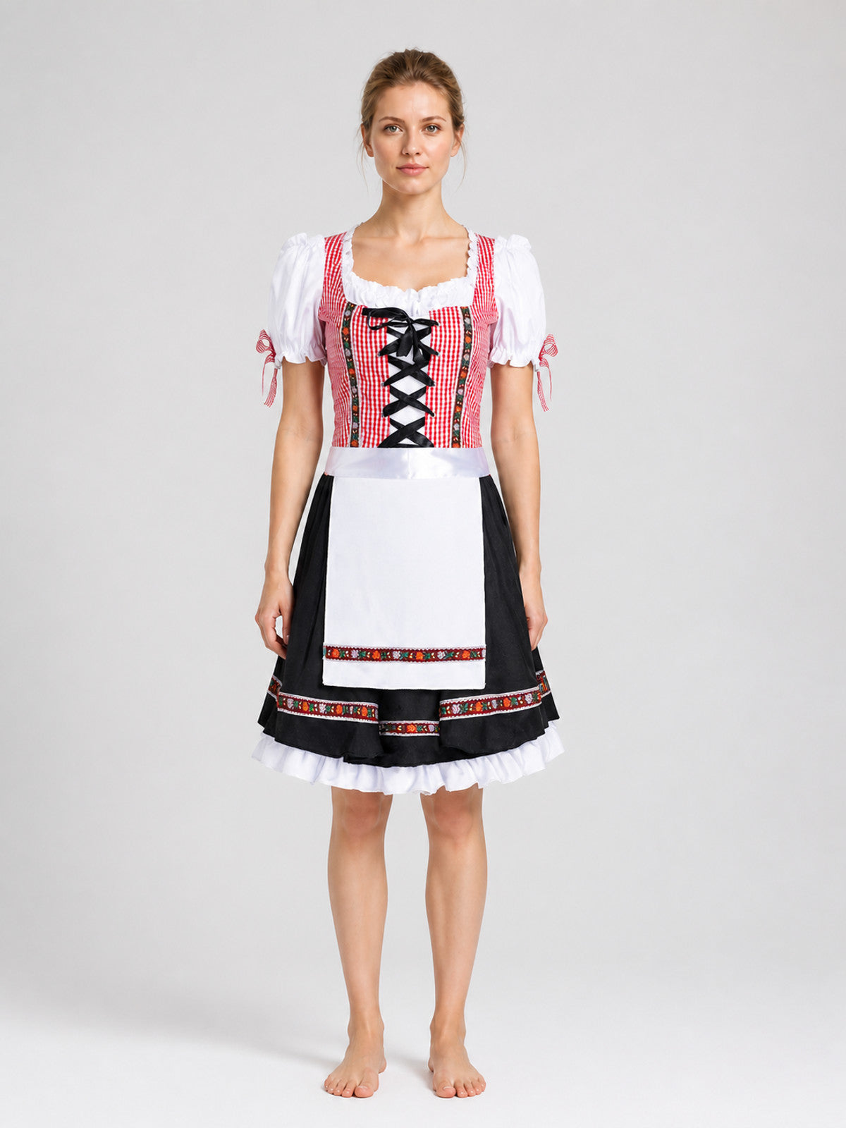 Ethnic-style dress with apron, full skirt, and ruffles on-model view