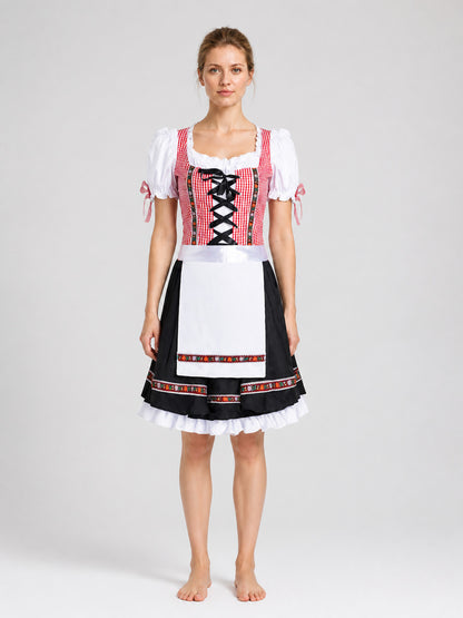 Ethnic-style dress with apron, full skirt, and ruffles on-model view