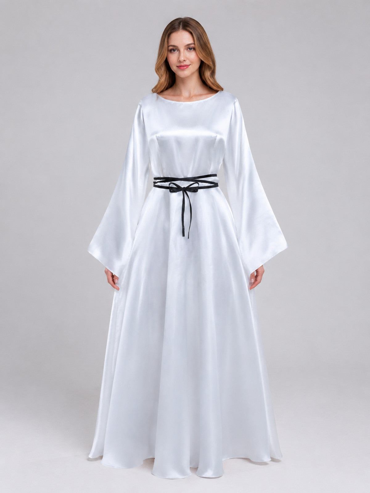 Floor-Length White Dress with Black Ribbon and Wide Sleeves on-model view