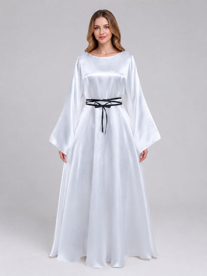 Floor-Length White Dress with Black Ribbon and Wide Sleeves on-model view