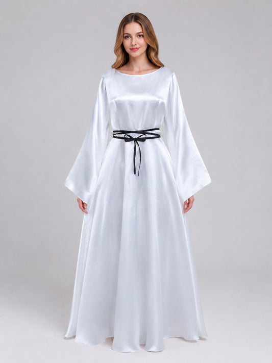 Floor-Length White Dress with Black Ribbon and Wide Sleeves on-model view