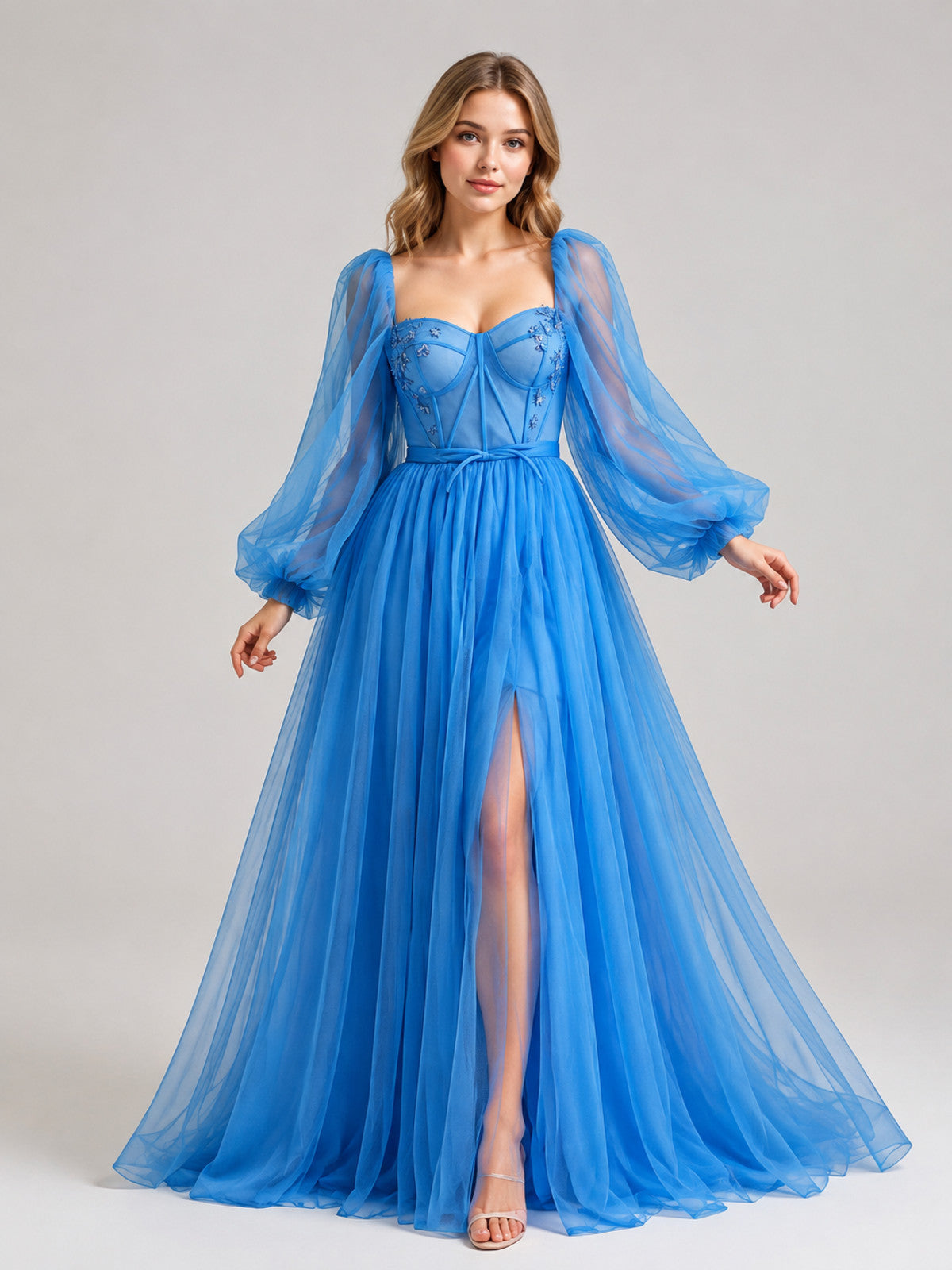 Blue Floor-Length Dress with a Corset Bodice on-model view