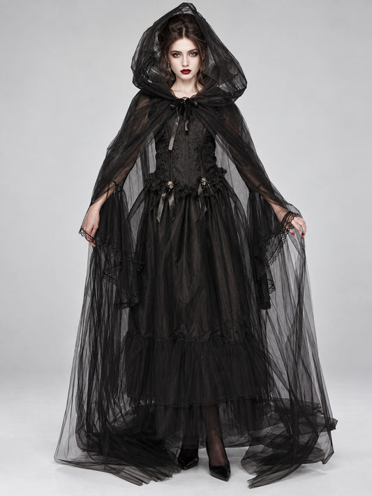 Halloween Costume: Black Dress, Hooded Cape, Sleeves