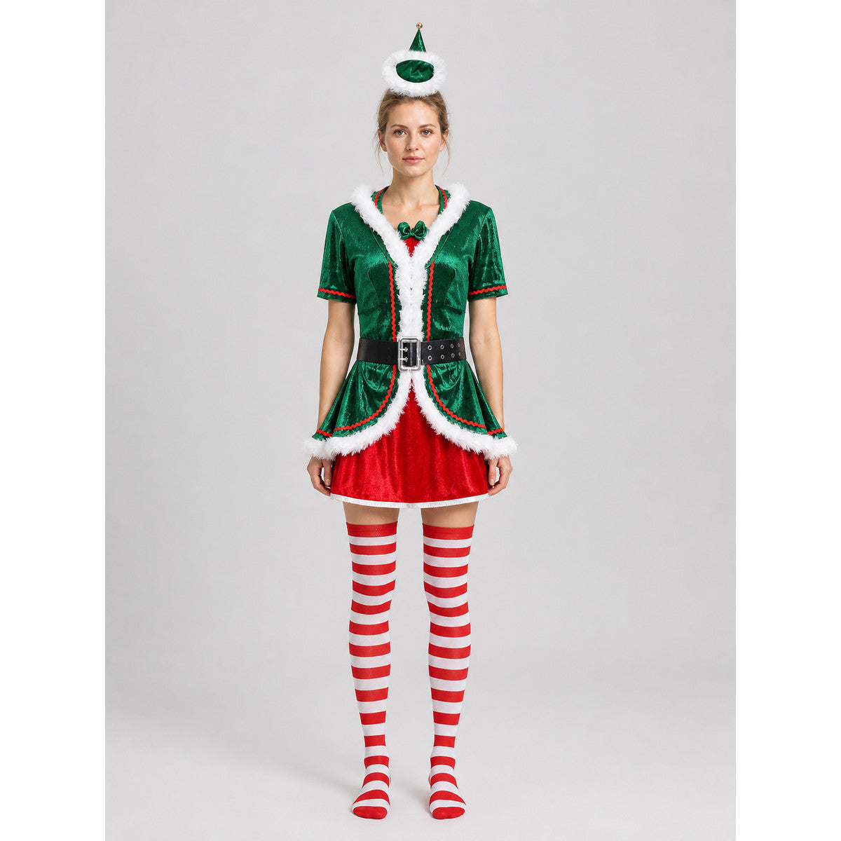New Year's elf costume with a pointed hat and knee-high socks on-model view
