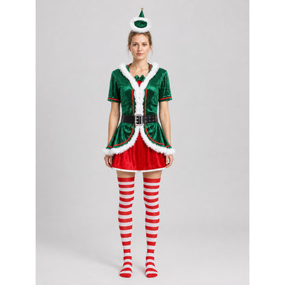 New Year's elf costume with a pointed hat and knee-high socks on-model view