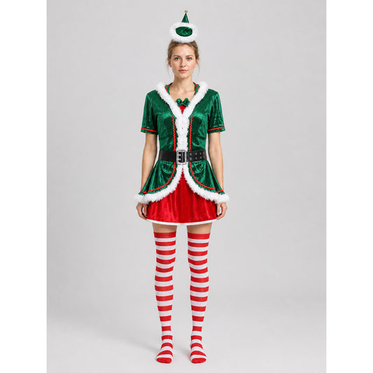 New Year's elf costume with a pointed hat and knee-high socks on-model view