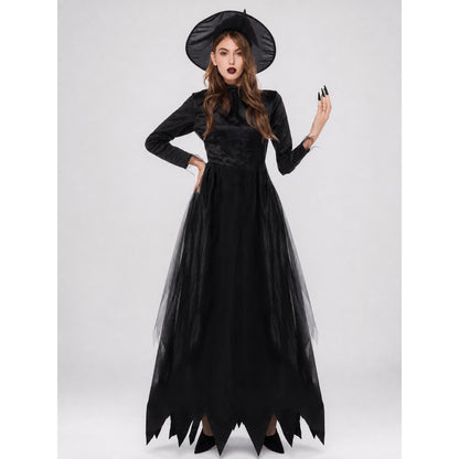 Witch Costume Dress: Long Black Dress with a High Collar