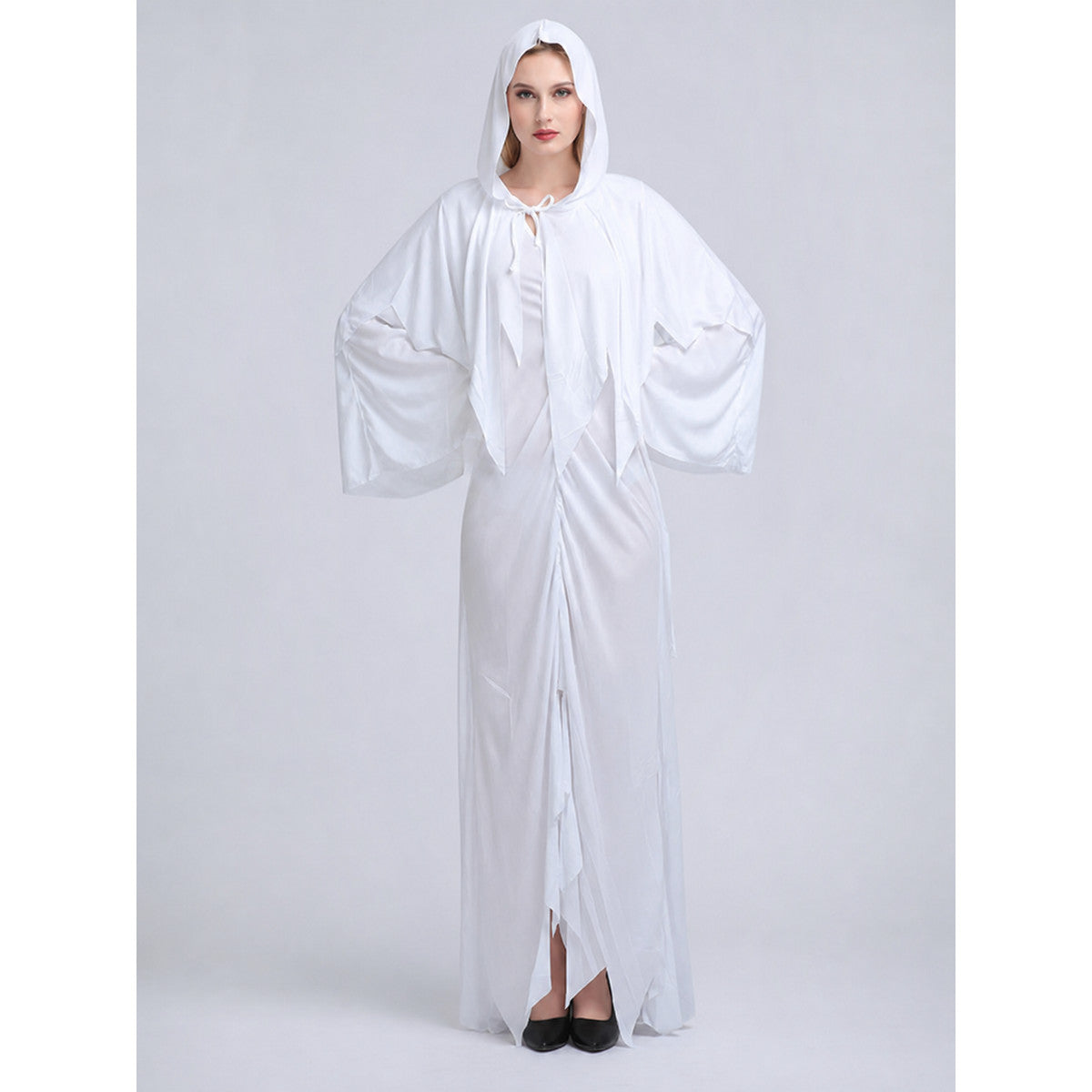 White ghost costume with hood and sleeves on-model view