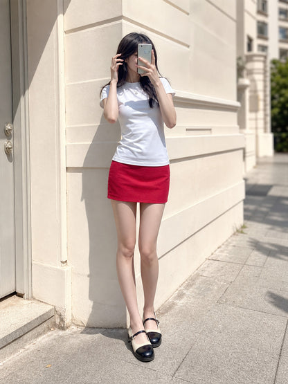 Women's Set: White T-Shirt, Red Skirt, and Shoes main product view