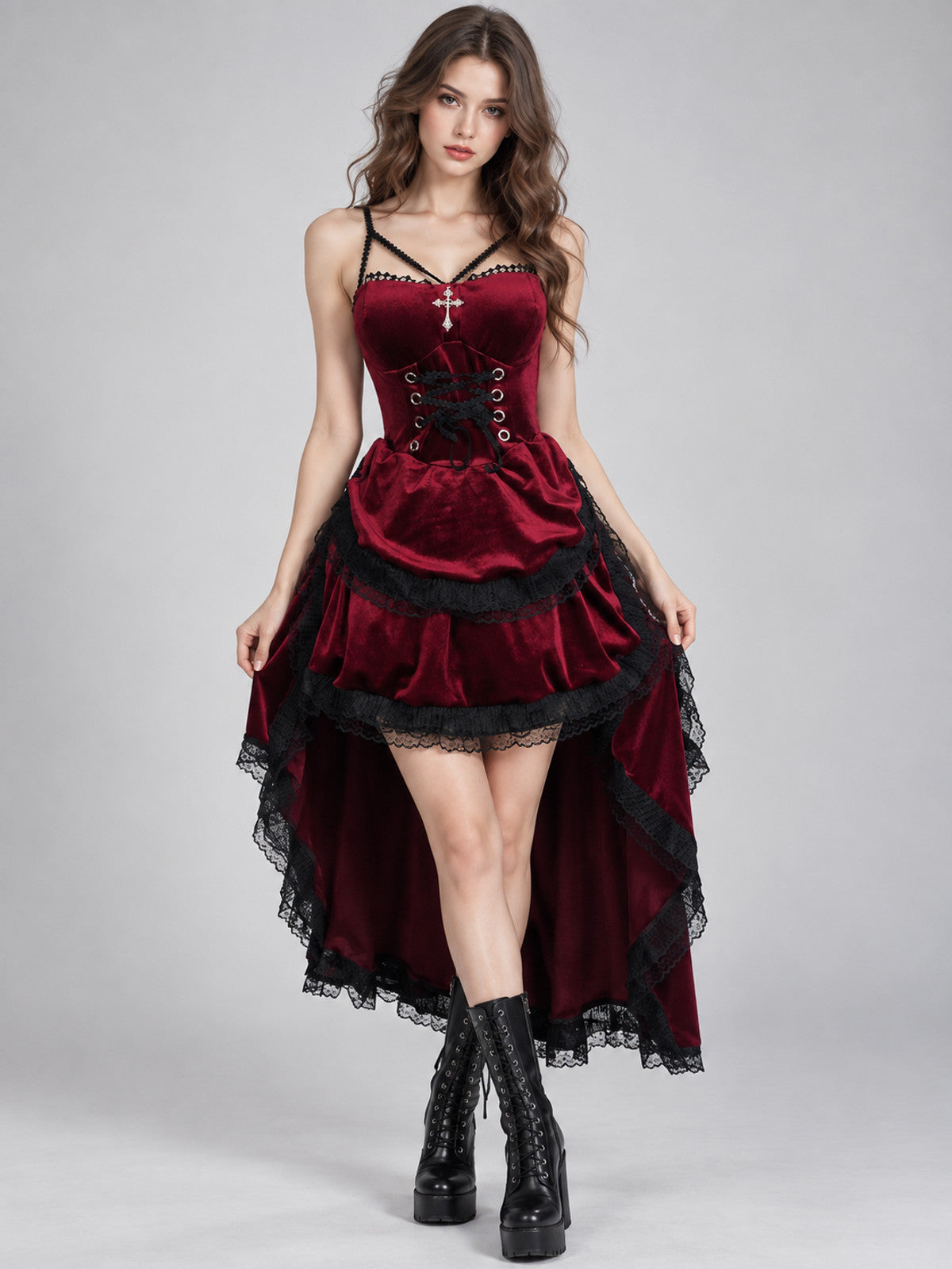 Red Gothic-Style Velvet Dress with Lace