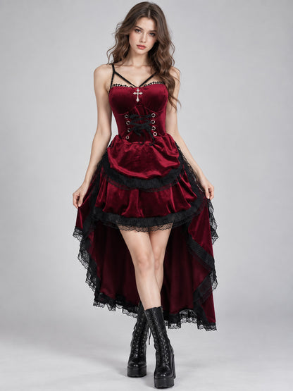 Red Gothic-Style Velvet Dress with Lace