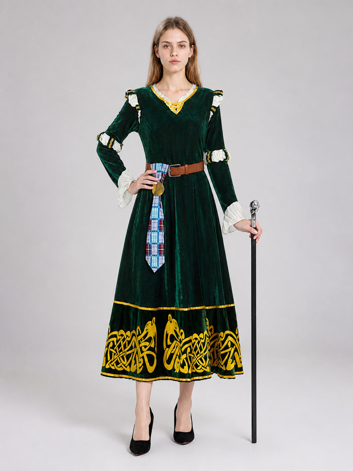 Medieval Costume Dress with Plaid Insert on-model view