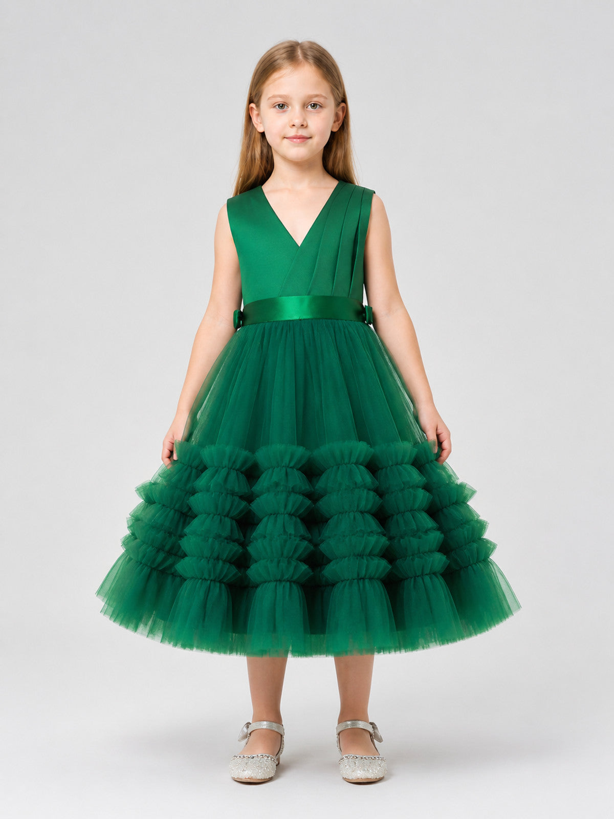 Dark Green Princess Dress for Girls with a Full Skirt on-model view