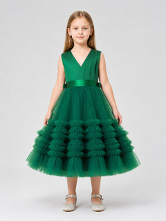 Dark Green Princess Dress for Girls with a Full Skirt