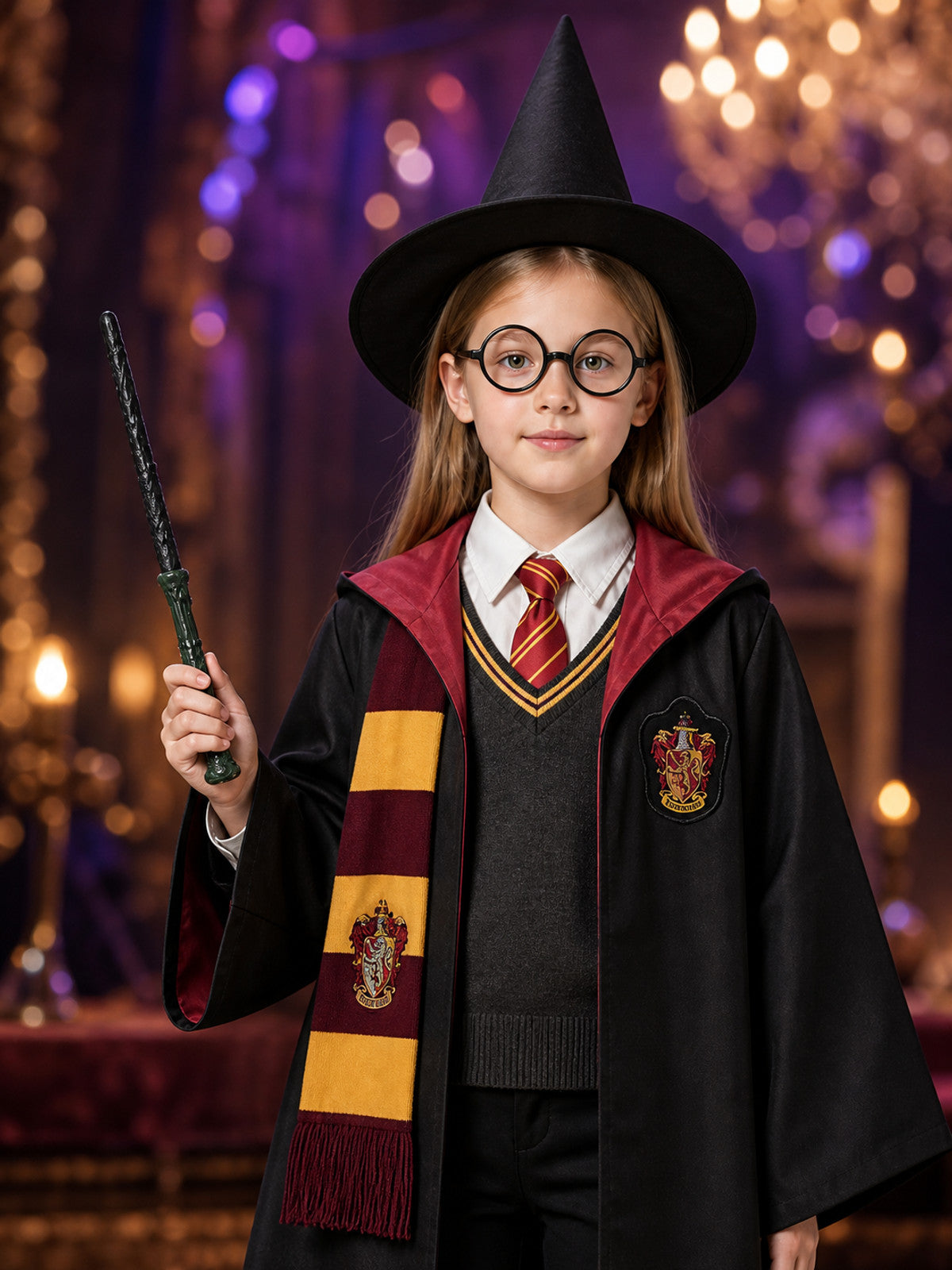 Wizard Robe Costume Set, Academy-Style Hooded Cloak With Hat, Tie, Scarf, Wand & on-model view