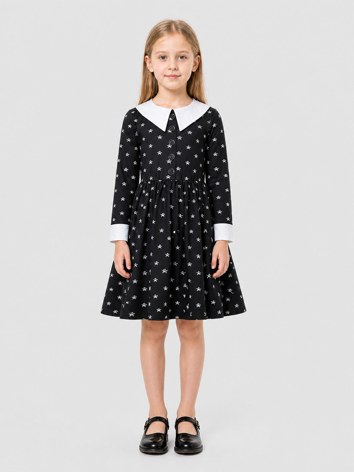 Black Dress with White Collar and Skull Print