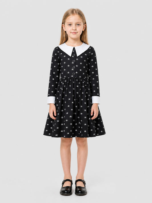 Black Dress with White Collar and Skull Print on-model view