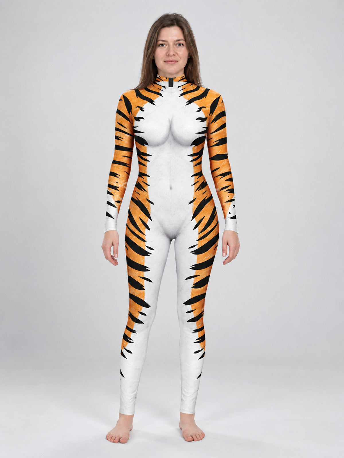 Fitted Bodysuit Jumpsuit Orange with Tiger Print