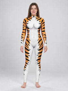 Fitted Bodysuit Jumpsuit Orange with Tiger Print