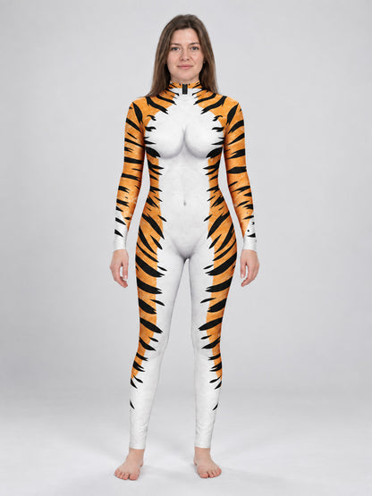 Fitted Bodysuit Jumpsuit Orange with Tiger Print