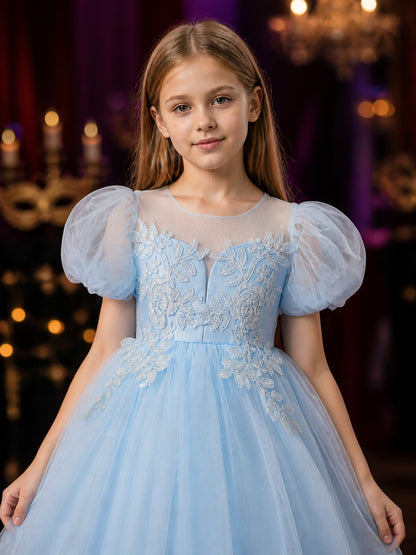 Girls' Light Blue Princess Dress with Puff Sleeves and Floral Embroidery on-model view