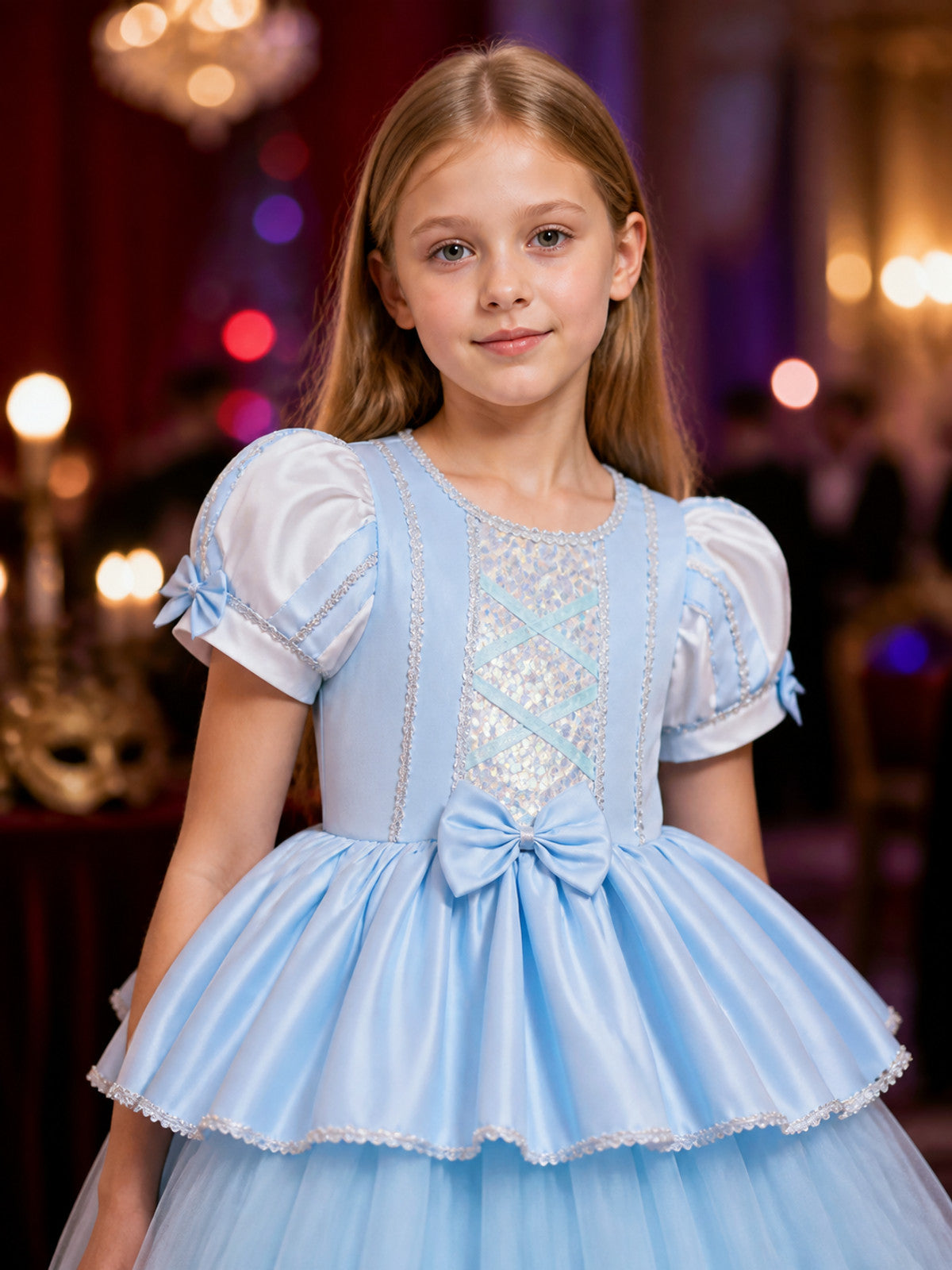Girls' Cinderella Princess Dress, Sky Blue Sequined Tulle Long Dress, Sizes on-model view