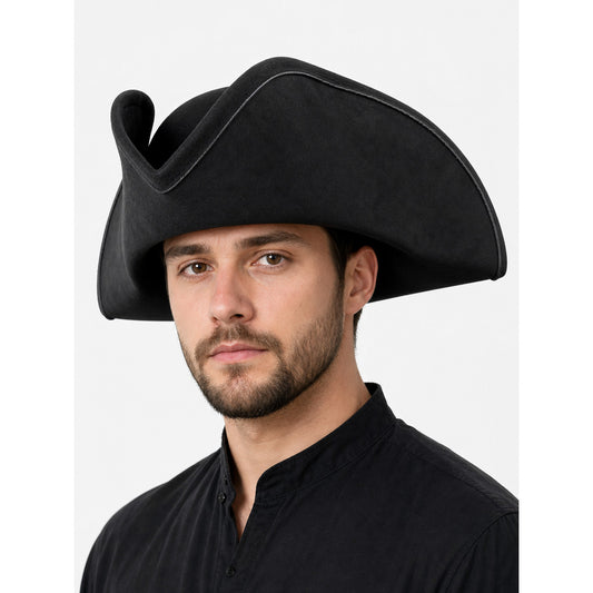 Black Pirate Hat, Large Three-Cornered Tricorn Costume Hat with Wide Brim and Structured Crown for Cosplay, Stage Performances and Pirate-Themed Parties